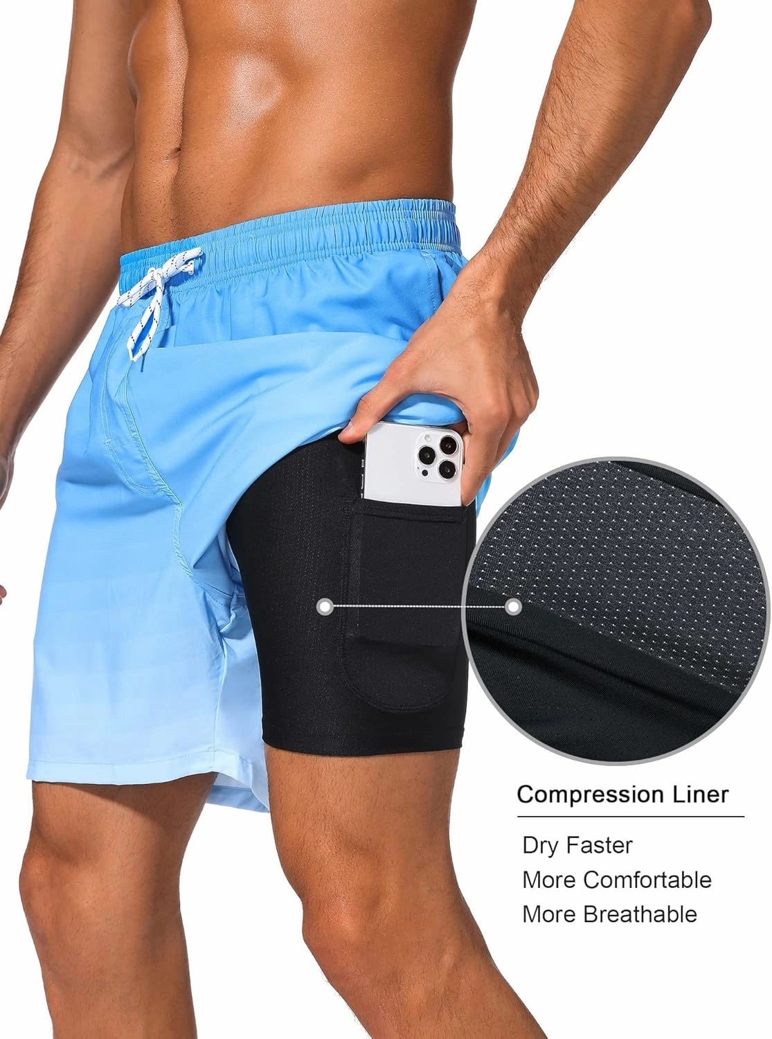 SILKWORLD Mens Swim Trunks with Compression Liner 2 in 1 Quick Dry Bathing Suit Beach Shorts with Zipper Pockets
