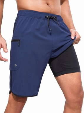 SILKWORLD Mens Swim Trunks with Compression Liner 9 Inch Long Bathing Suit 2 in 1 Beach Quick Dry Shorts with Pockets