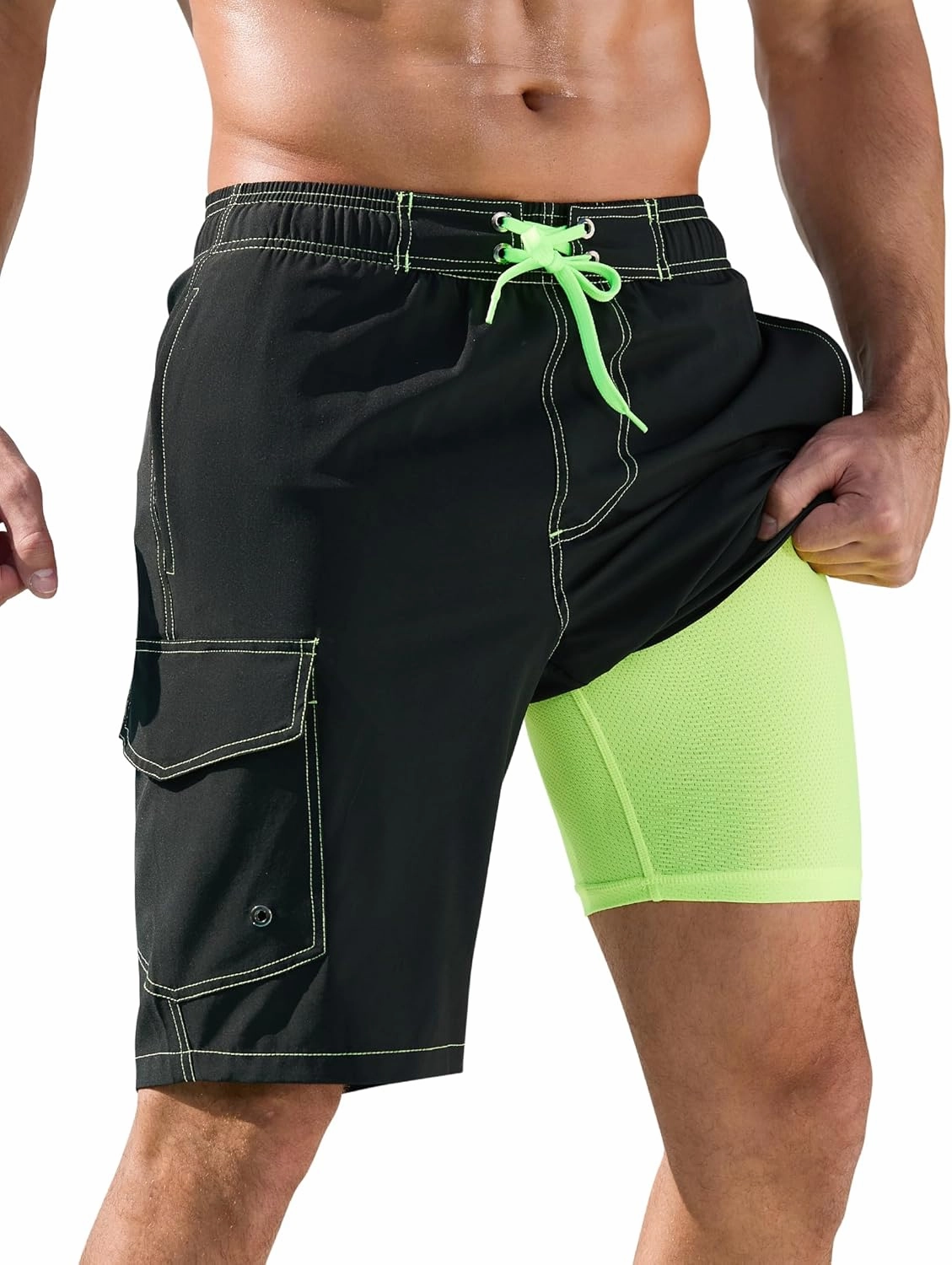 SILKWORLD Mens Swim Trunks with Compression Liner Quick-Dry 10" Stretch Beach Shorts