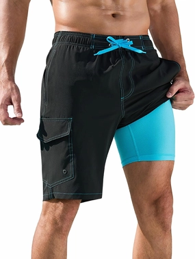 SILKWORLD Mens Swim Trunks with Compression Liner Quick-Dry 10" Stretch Beach Shorts