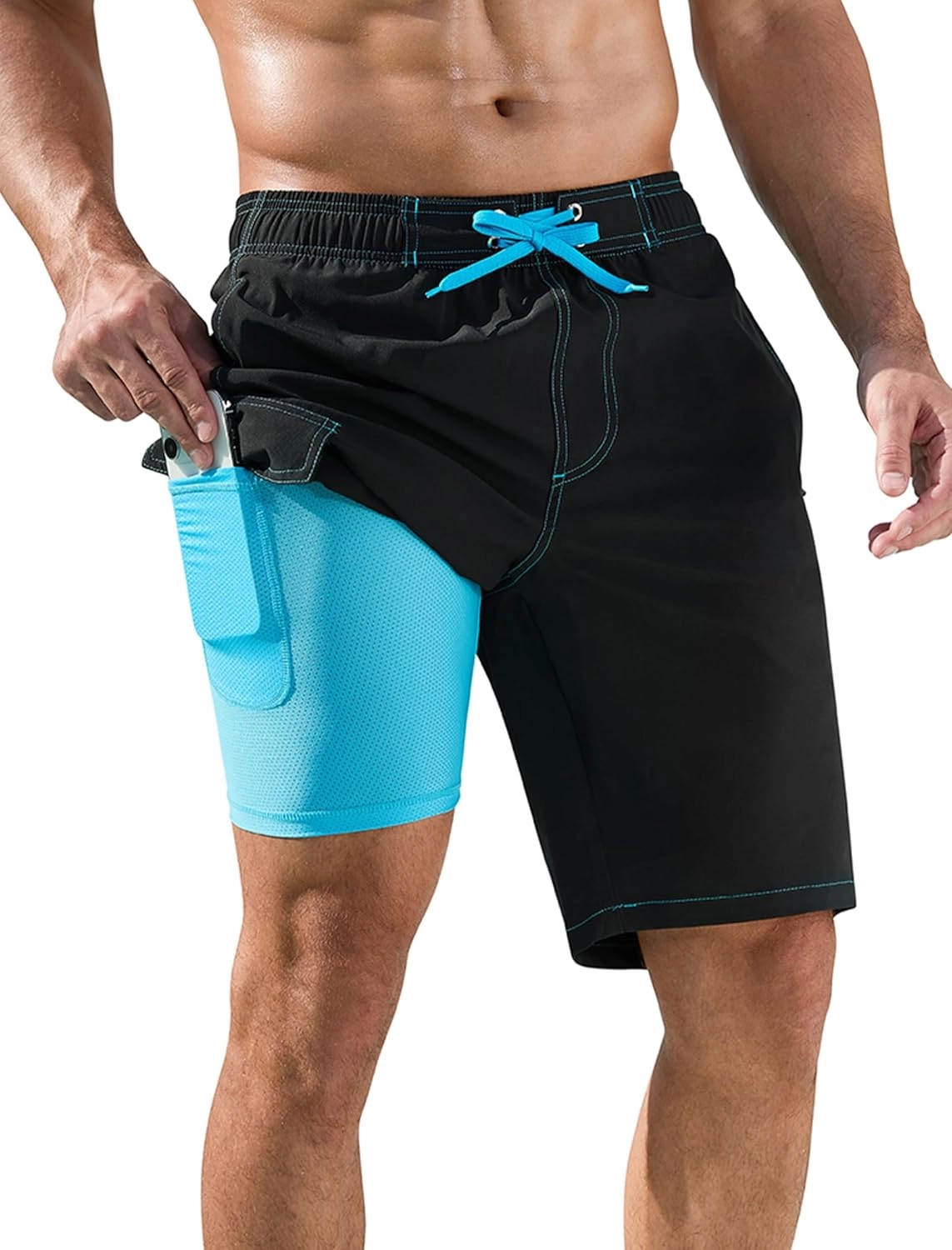 SILKWORLD Mens Swim Trunks with Compression Liner Quick-Dry 10" Stretch Beach Shorts