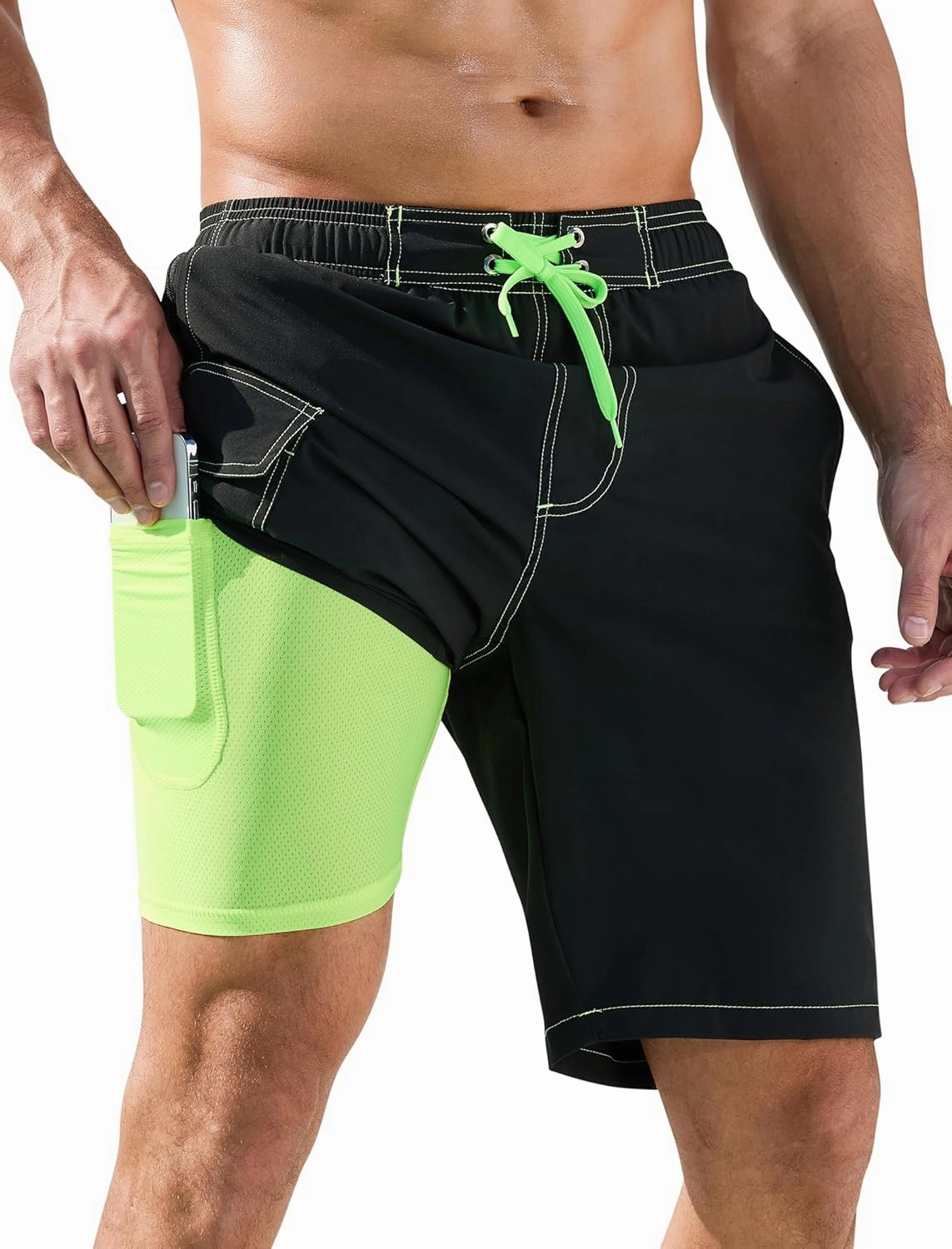 SILKWORLD Mens Swim Trunks with Compression Liner Quick-Dry 10" Stretch Beach Shorts
