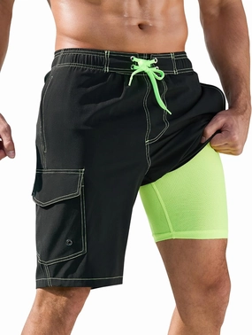 SILKWORLD Mens Swim Trunks with Compression Liner Quick-Dry 10" Stretch Beach Shorts