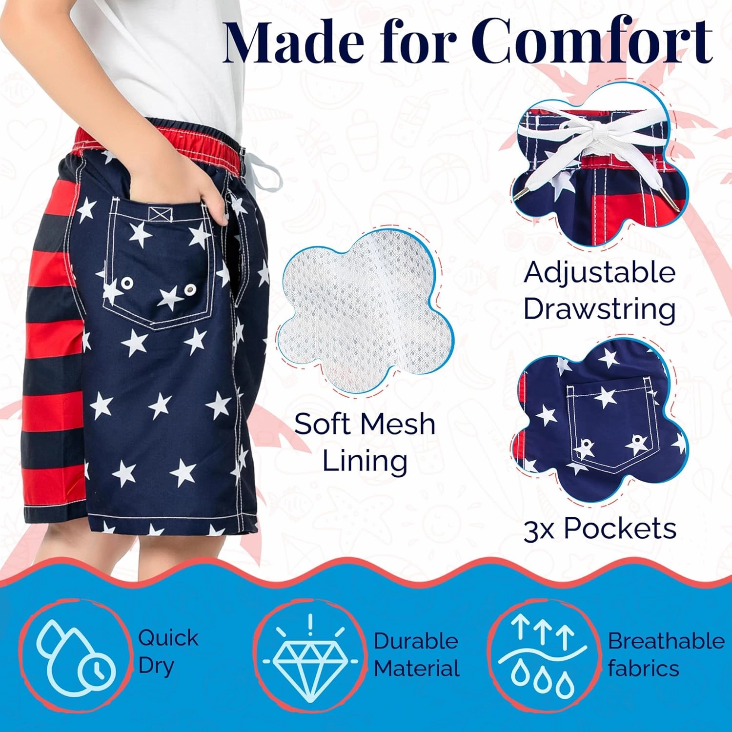 SIX ISLANDS Boys Swim Trunks - Quick-Dry, Comfortable, Ages 5/6 to 18/20 - Fun Patterns, Durable Design Boys Bathing Suit