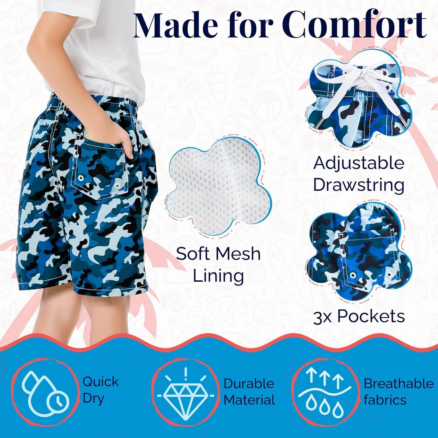 SIX ISLANDS Boys Swim Trunks - Quick-Dry, Comfortable, Ages 5/6 to 18/20 - Fun Patterns, Durable Design Boys Bathing Suit