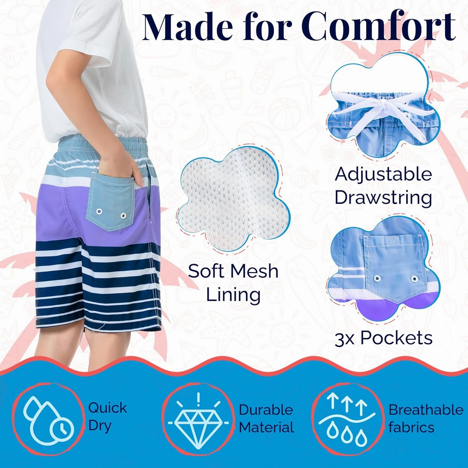 SIX ISLANDS Boys Swim Trunks - Quick-Dry, Comfortable, Ages 5/6 to 18/20 - Fun Patterns, Durable Design Boys Bathing Suit
