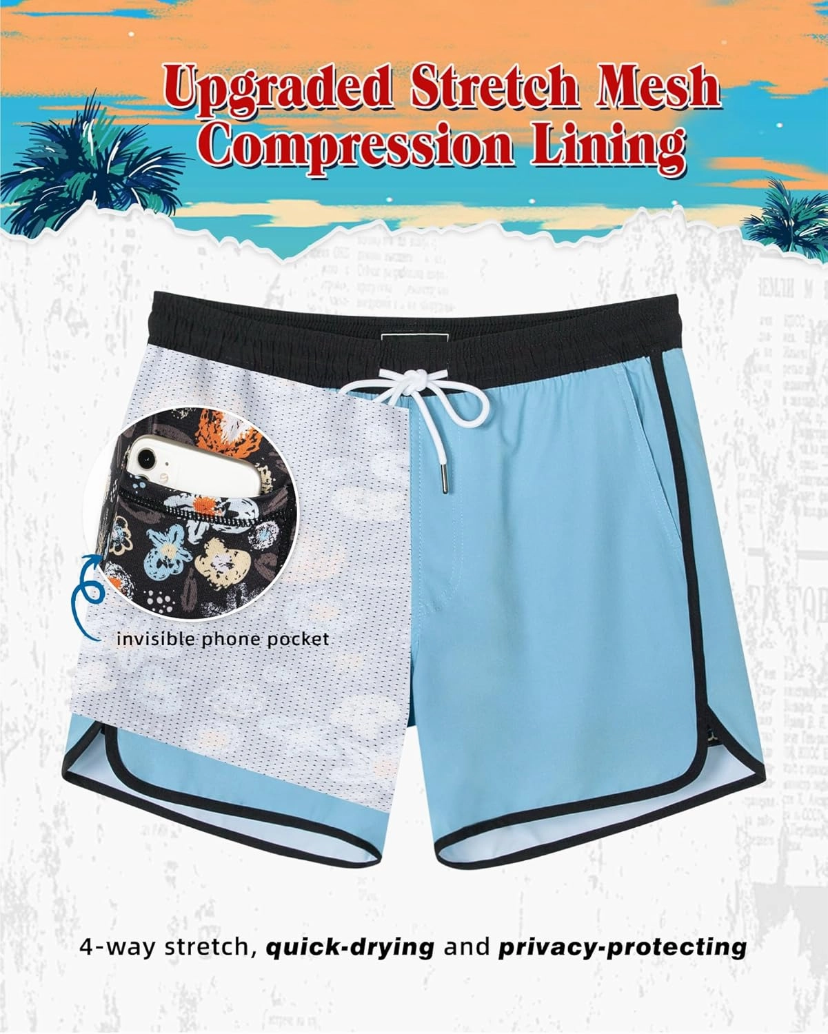 SURF CUZ Mens Swim Trunks with Compression Liner 5" Swimming Trunks 5 Inch Retro Swim Shorts with Zipper Pockets