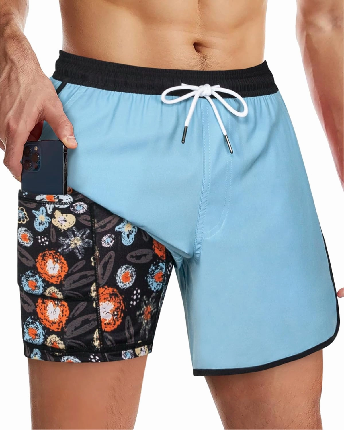 SURF CUZ Mens Swim Trunks with Compression Liner 5" Swimming Trunks 5 Inch Retro Swim Shorts with Zipper Pockets