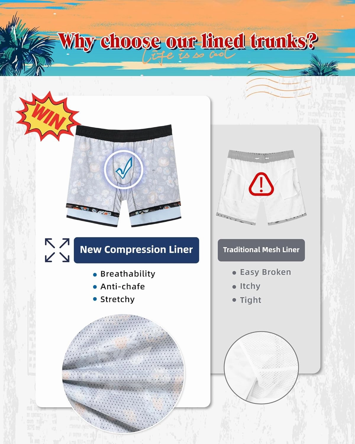 SURF CUZ Mens Swim Trunks with Compression Liner 5" Swimming Trunks 5 Inch Retro Swim Shorts with Zipper Pockets