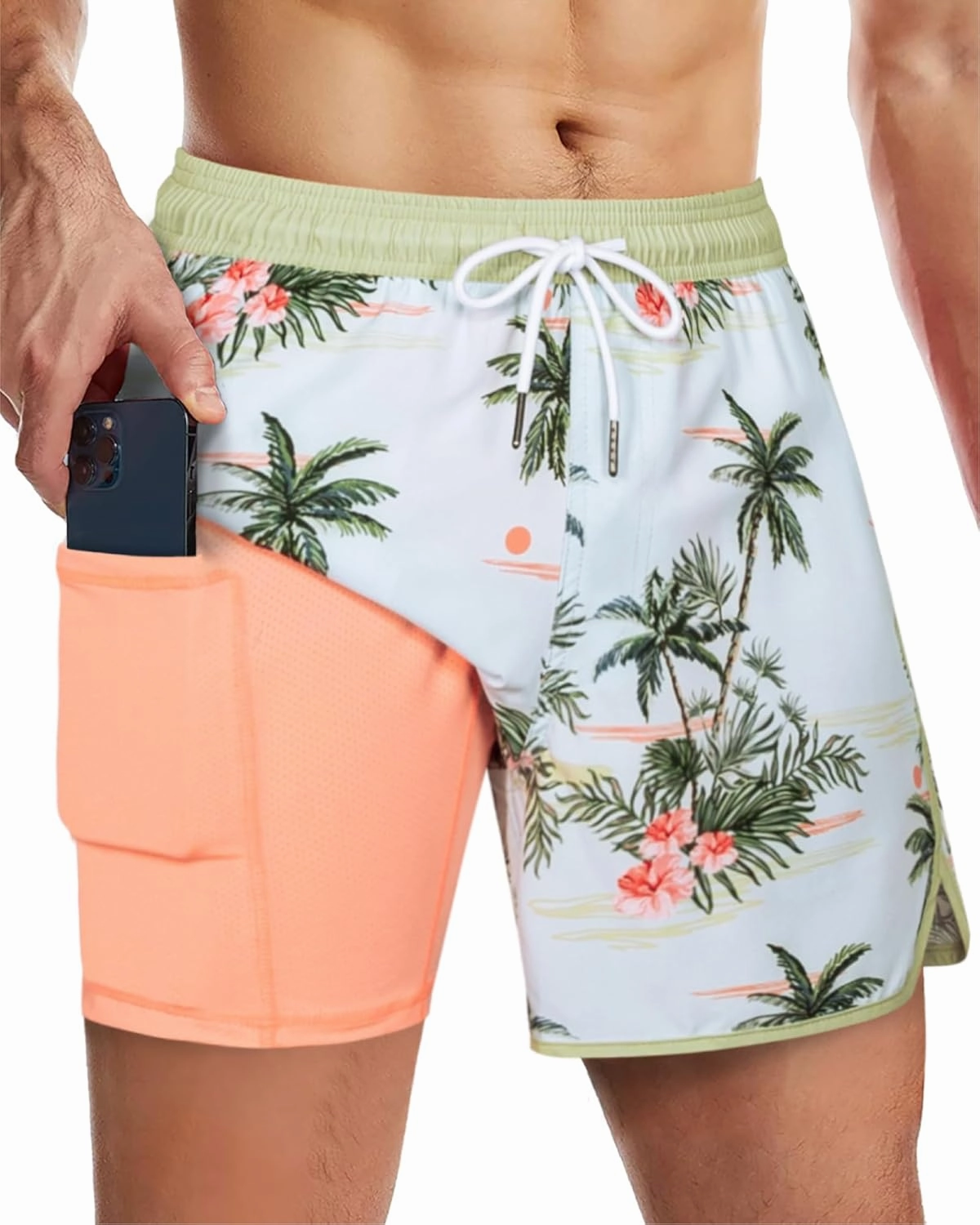 SURF CUZ Mens Swim Trunks with Compression Liner 5" Swimming Trunks 5 Inch Retro Swim Shorts with Zipper Pockets