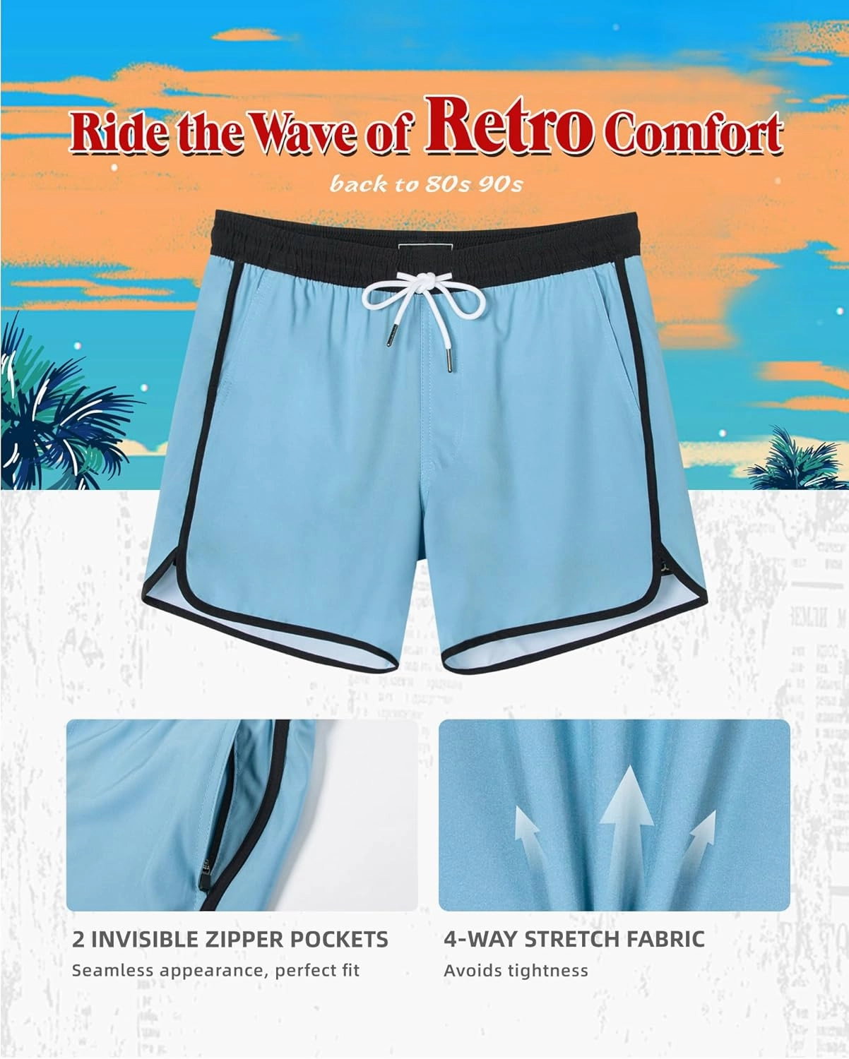 SURF CUZ Mens Swim Trunks with Compression Liner 5" Swimming Trunks 5 Inch Retro Swim Shorts with Zipper Pockets