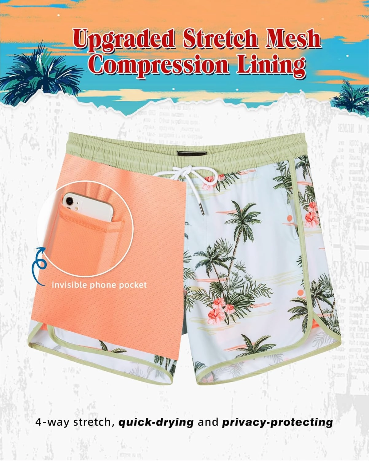 SURF CUZ Mens Swim Trunks with Compression Liner 5" Swimming Trunks 5 Inch Retro Swim Shorts with Zipper Pockets