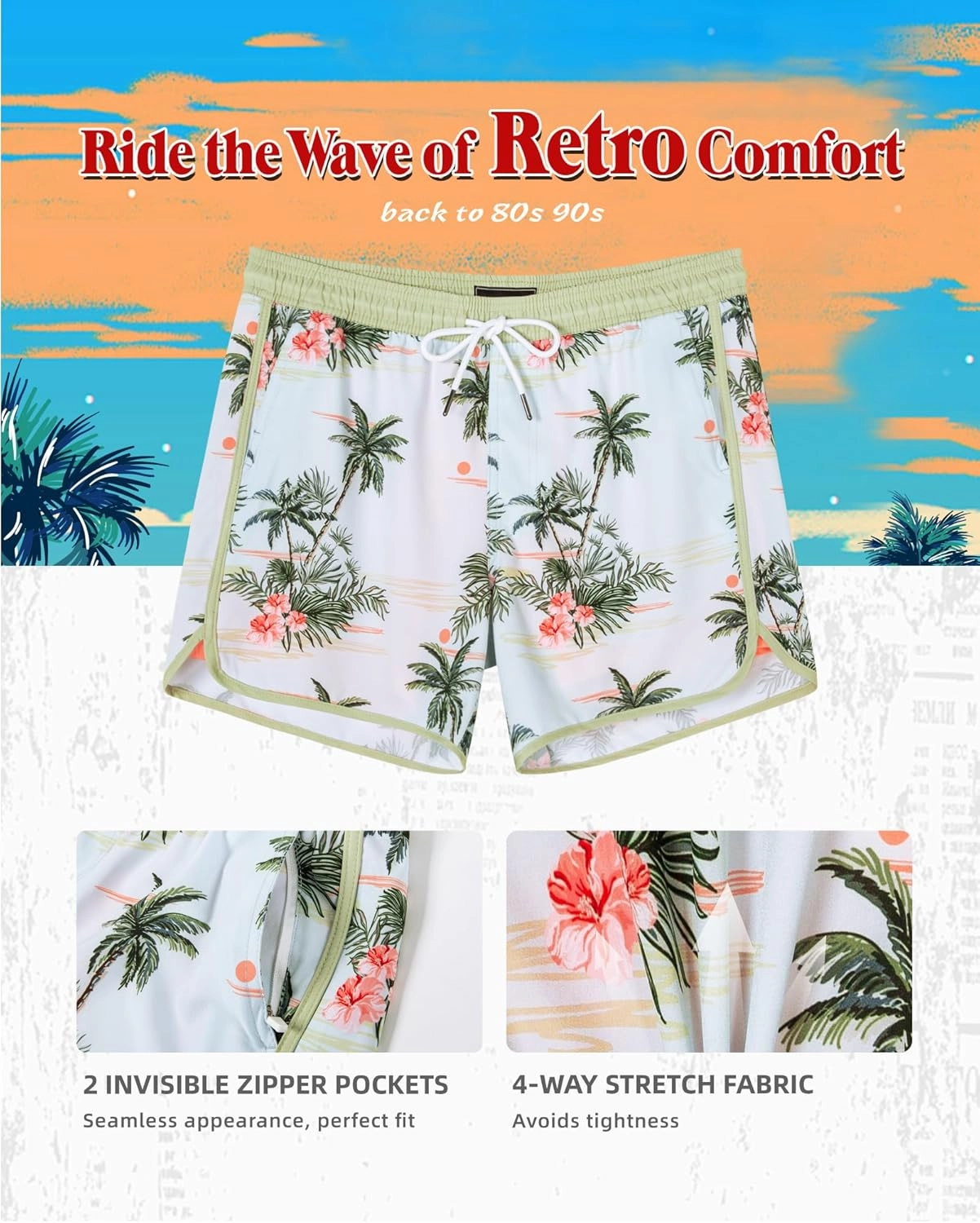 SURF CUZ Mens Swim Trunks with Compression Liner 5" Swimming Trunks 5 Inch Retro Swim Shorts with Zipper Pockets