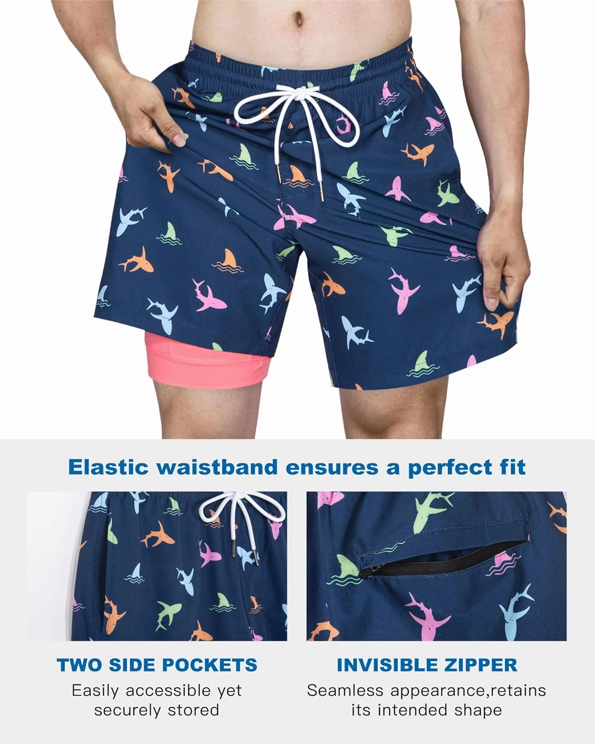 SURF CUZ Mens Swim Trunks with Compression Liner Quick Dry Swim Shorts 7" Swimming Trunks Stretch Bathing Suit 7 Inch