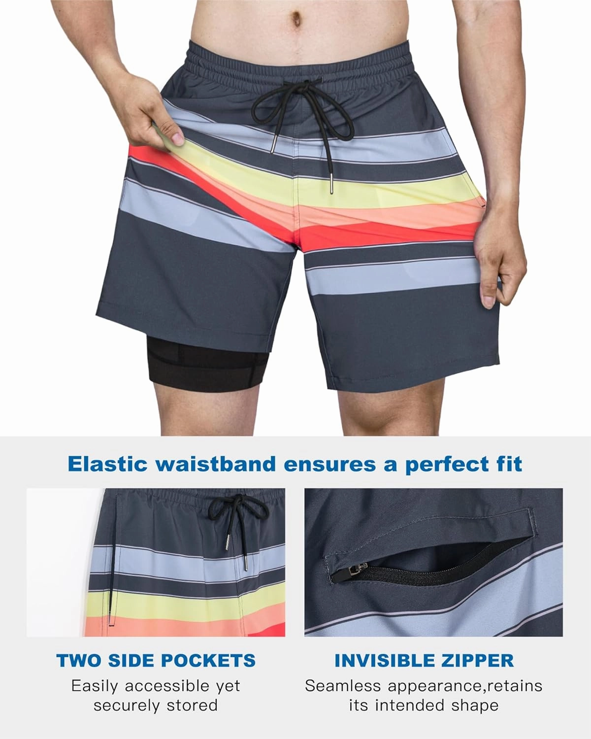 SURF CUZ Mens Swim Trunks with Compression Liner Quick Dry Swim Shorts 7" Swimming Trunks Stretch Bathing Suit 7 Inch