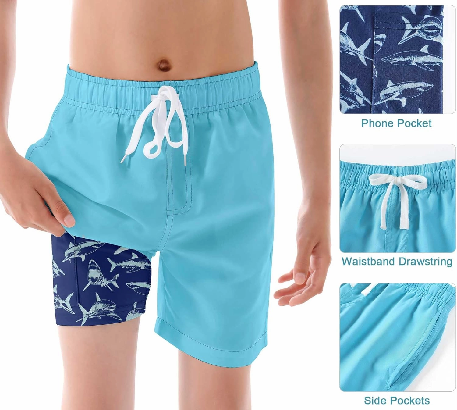 Swim Trumks for Boys 2 in 1 Bathing Suit Compress Board Shorts for 7-18T