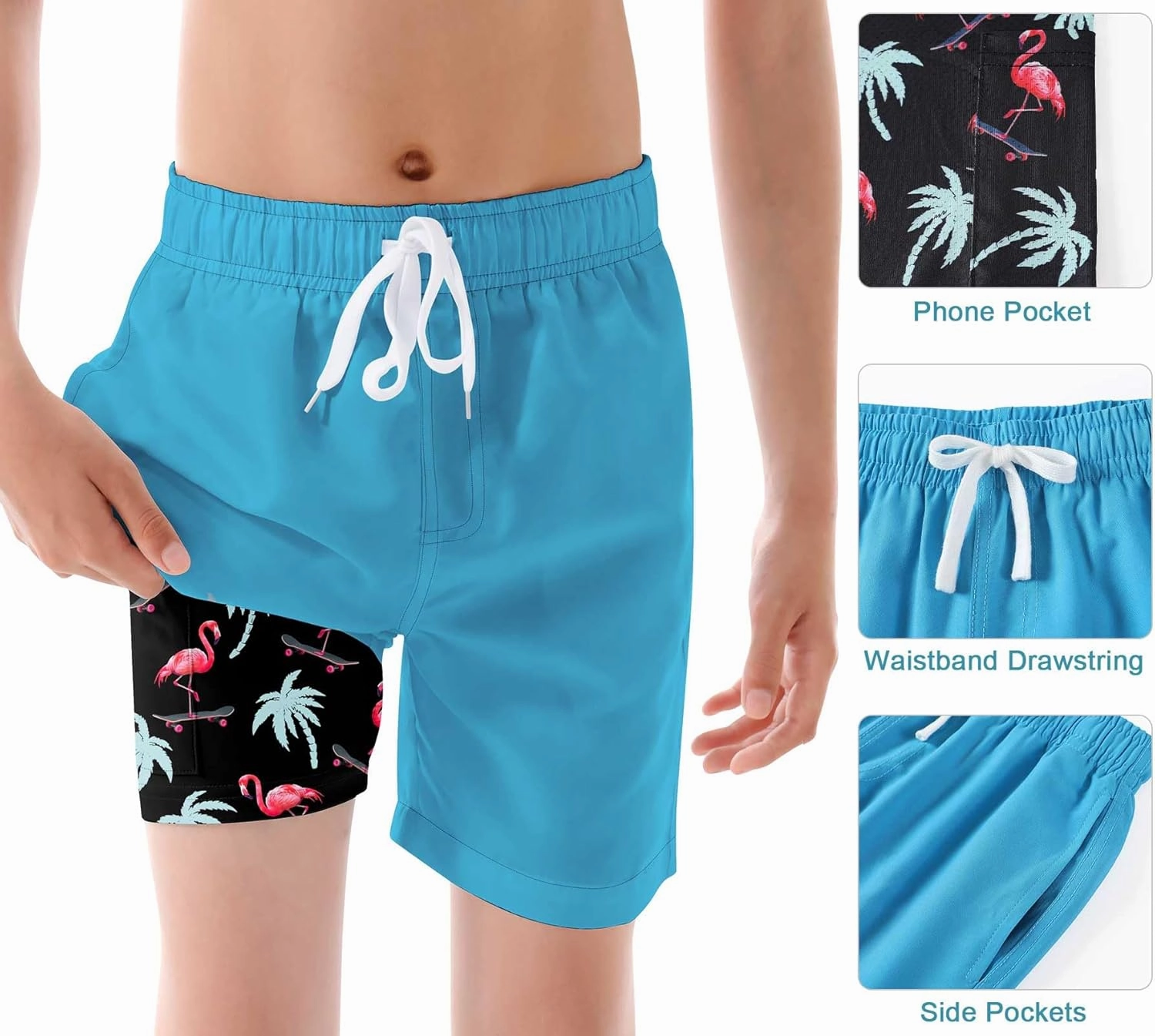 Swim Trumks for Boys 2 in 1 Bathing Suit Compress Board Shorts for 7-18T