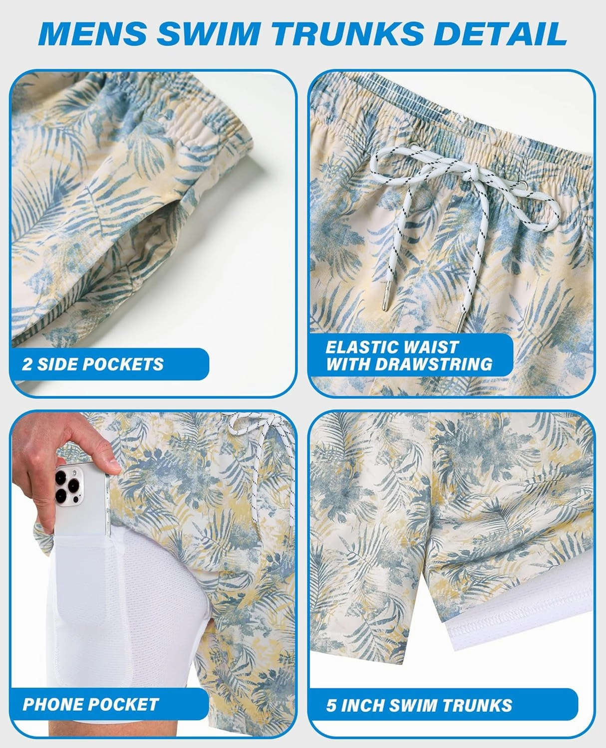 Swim Trunks Mens 5 Inch Inseam Compression Liner Short Men Bathing Suit Lined Swimming Shorts Men's Swim Suits