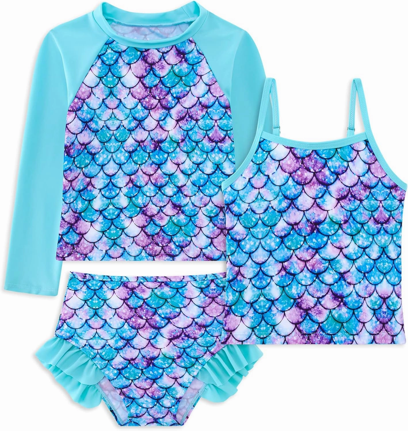 swimsobo Girls 3-Piece Swimsuit Long Sleeve Rash Guard Tankini Sets UPF Sun Proction Bathing Suit 3-10T