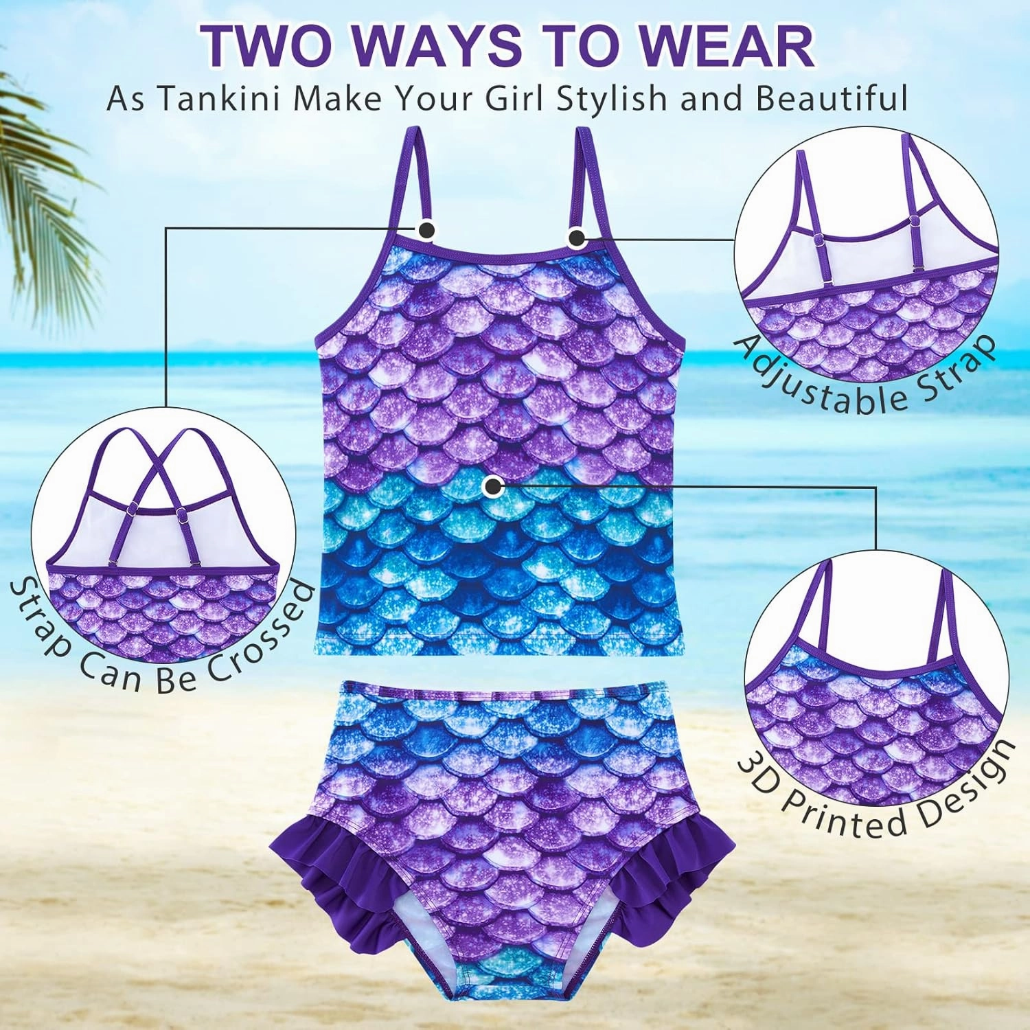 swimsobo Girls 3-Piece Swimsuit Long Sleeve Rash Guard Tankini Sets UPF Sun Proction Bathing Suit 3-10T
