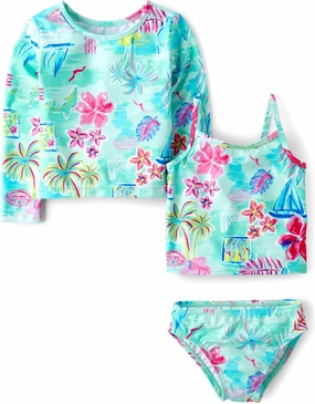 The Children's Place Baby Girl's and Toddler Long Sleeve Rashguard and Tankini Swimsuit, 3 Piece Set