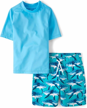 The Children's Place Boys' Short Sleeve Rash Guard and Swim Trunk 2-Piece Set