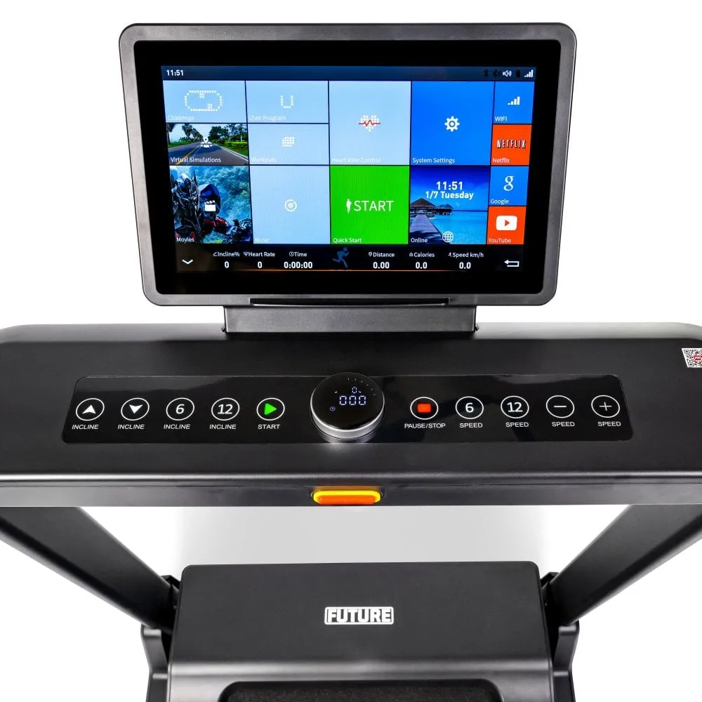 Future T550E Folding Treadmill - Touchscreen Entertainment Console, Parallettes for calisthenics, Reflective running vest