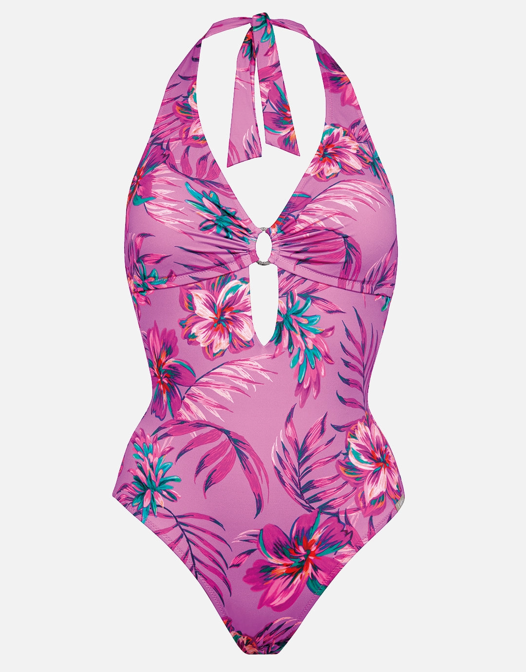 Tropic Radiance Plunge Halter Swimsuit - Electric Pink