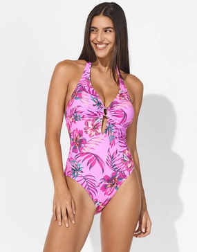 Tropic Radiance Plunge Halter Swimsuit - Electric Pink