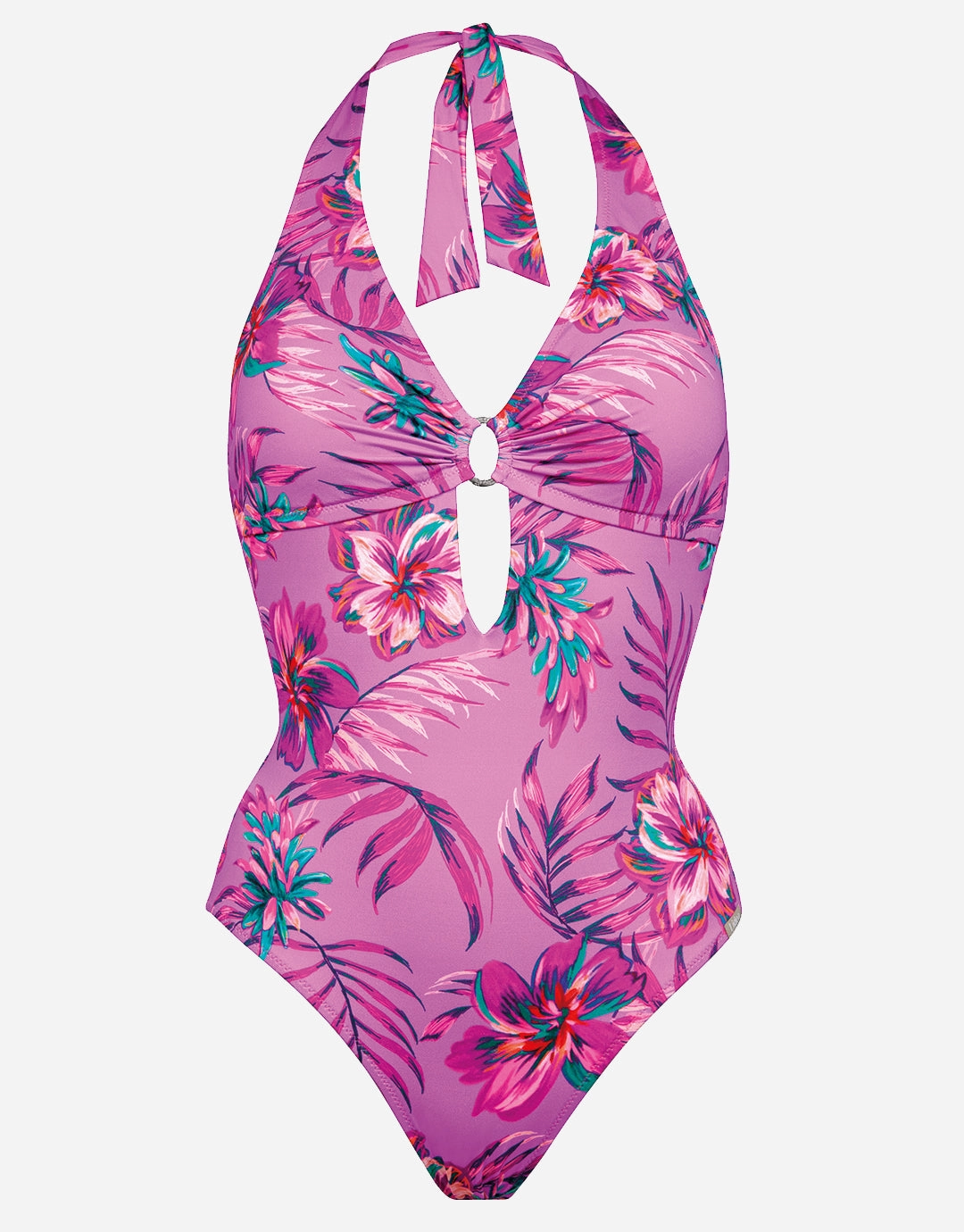 Tropic Radiance Plunge Halter Swimsuit - Electric Pink