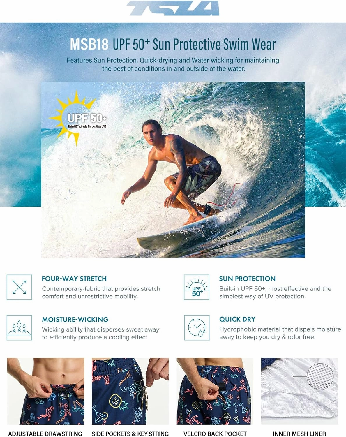 TSLA Men's Swim Trunks, Quick Dry Beach Swimming Board Shorts, Bathing Suits with Inner Mesh Lining and Pockets