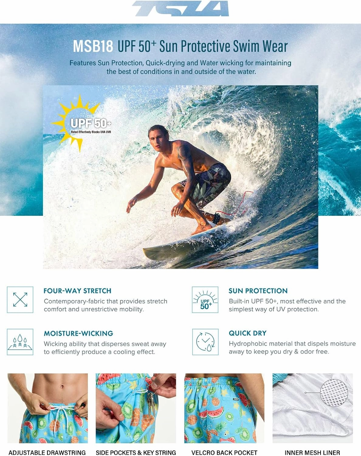 TSLA Men's Swim Trunks, Quick Dry Beach Swimming Board Shorts, Bathing Suits with Inner Mesh Lining and Pockets