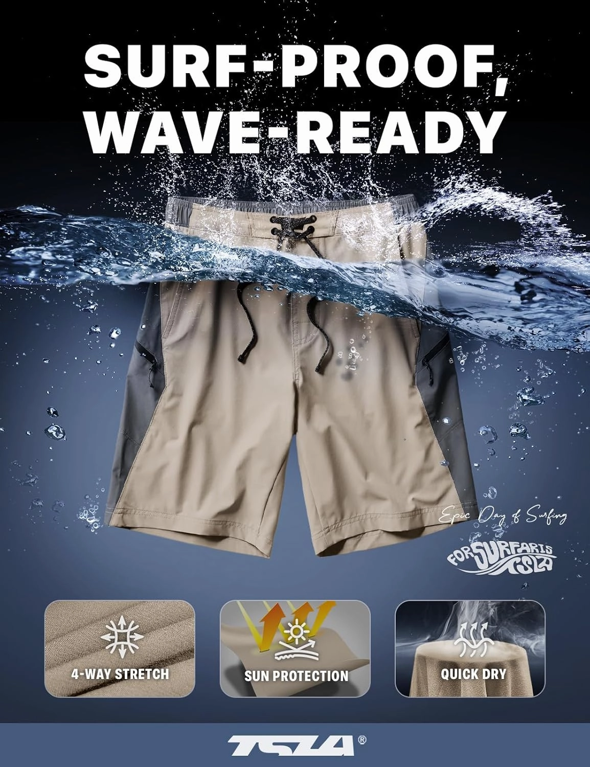 TSLA Men's Swim Trunks, Quick Dry Swimming Beach Board Shorts, Lightweight Swimwear Bathing Suits with Pockets