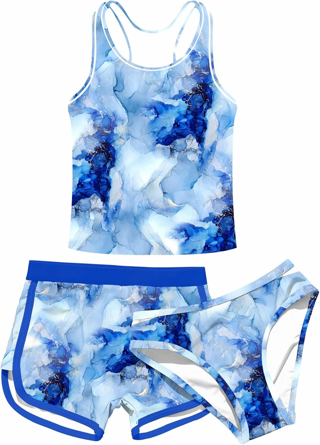 uideazone Girls 3 Piece Bathing Suit Summer UPF 50  Racerback Swimsuit with Shorts Beach Tankini Sets 8-15 Years