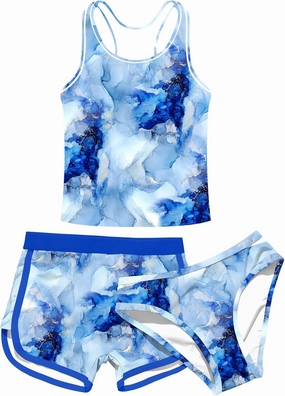 uideazone Girls 3 Piece Bathing Suit Summer UPF 50  Racerback Swimsuit with Shorts Beach Tankini Sets 8-15 Years