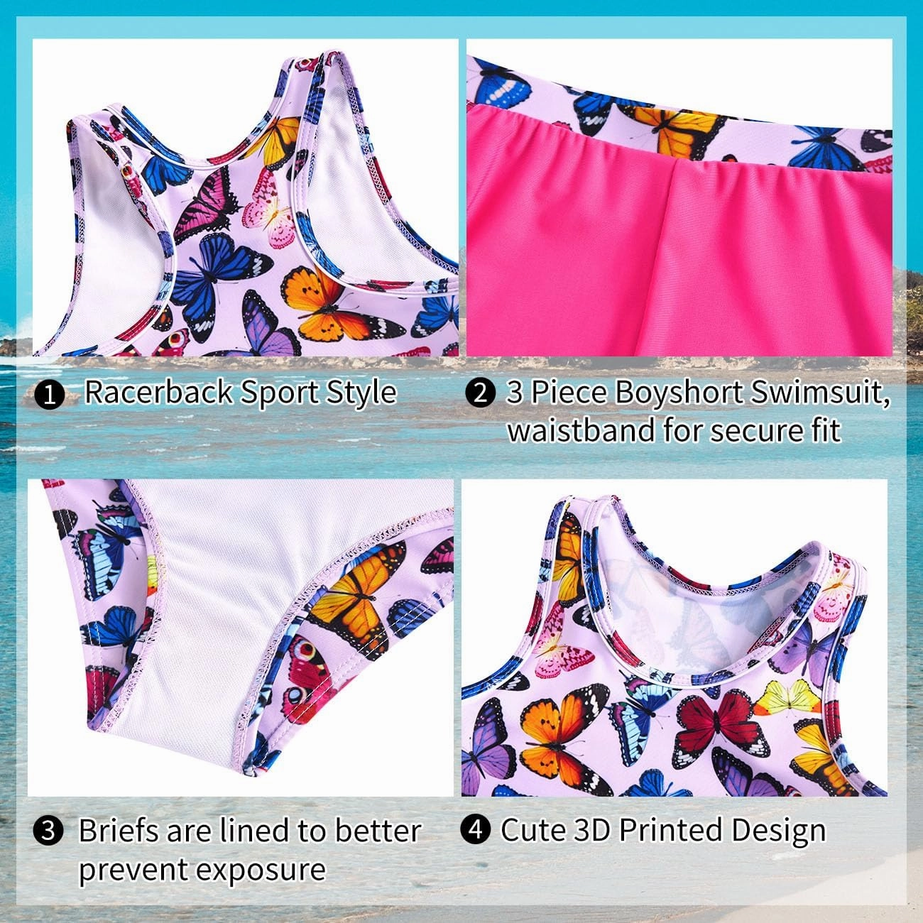 uideazone Girls 3 Piece Bathing Suit Summer UPF 50  Racerback Swimsuit with Shorts Beach Tankini Sets 8-15 Years