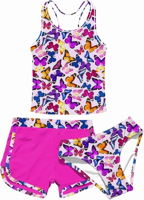 uideazone Girls 3 Piece Bathing Suit Summer UPF 50  Racerback Swimsuit with Shorts Beach Tankini Sets 8-15 Years