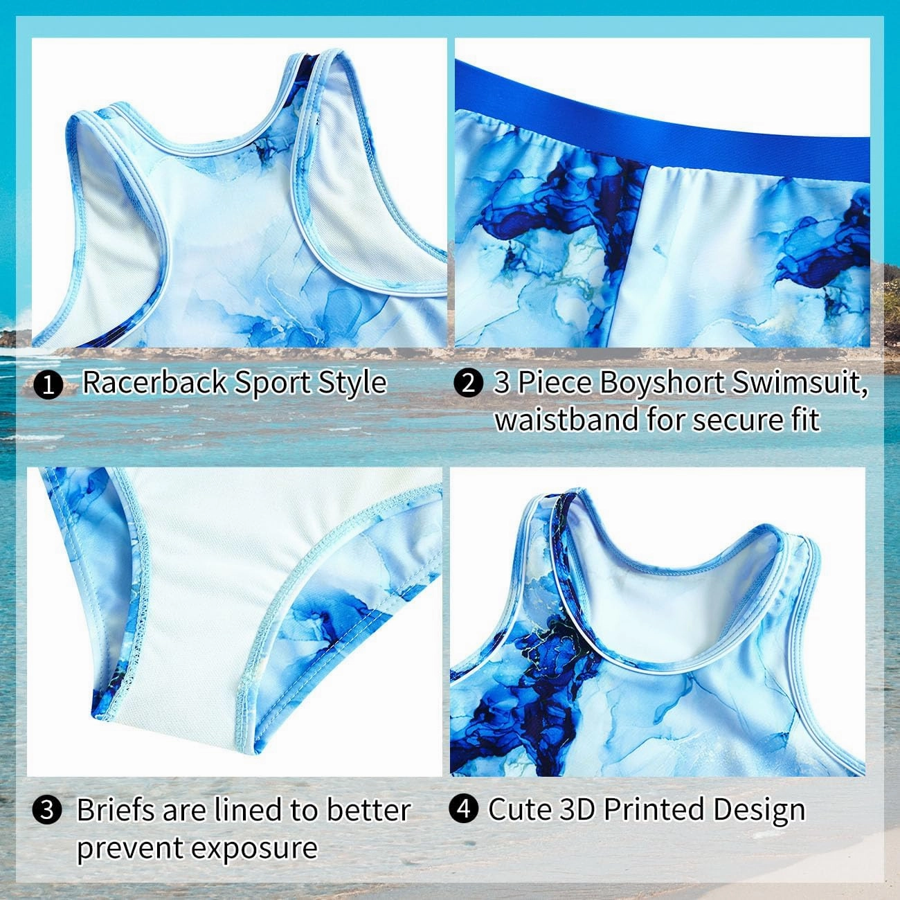 uideazone Girls 3 Piece Bathing Suit Summer UPF 50  Racerback Swimsuit with Shorts Beach Tankini Sets 8-15 Years