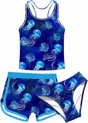 uideazone Girls 3 Piece Bathing Suit Summer UPF 50  Racerback Swimsuit with Shorts Beach Tankini Sets 8-15 Years