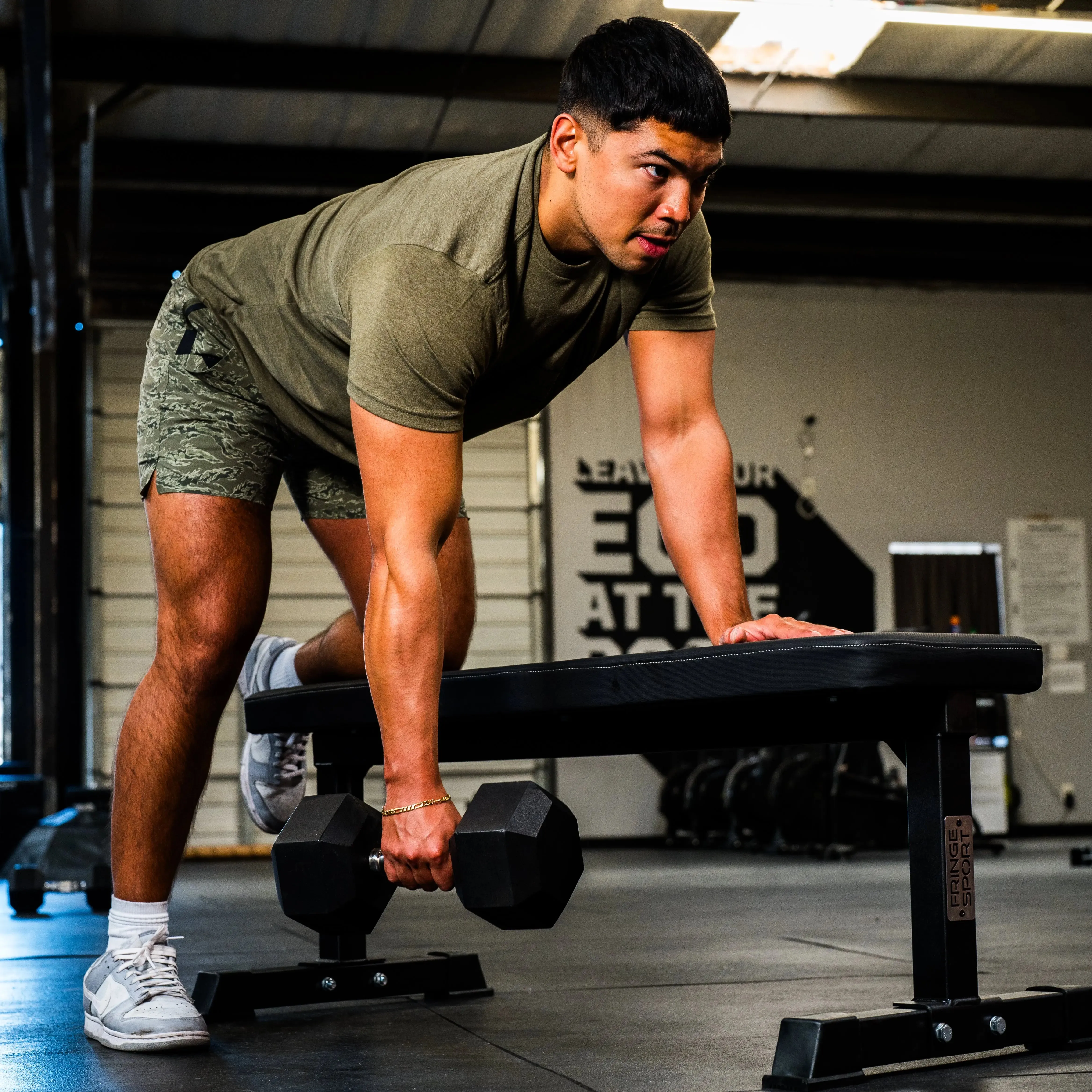 Flat Bench, Ankle support brace, Barbell Rack, Round Dumbbells