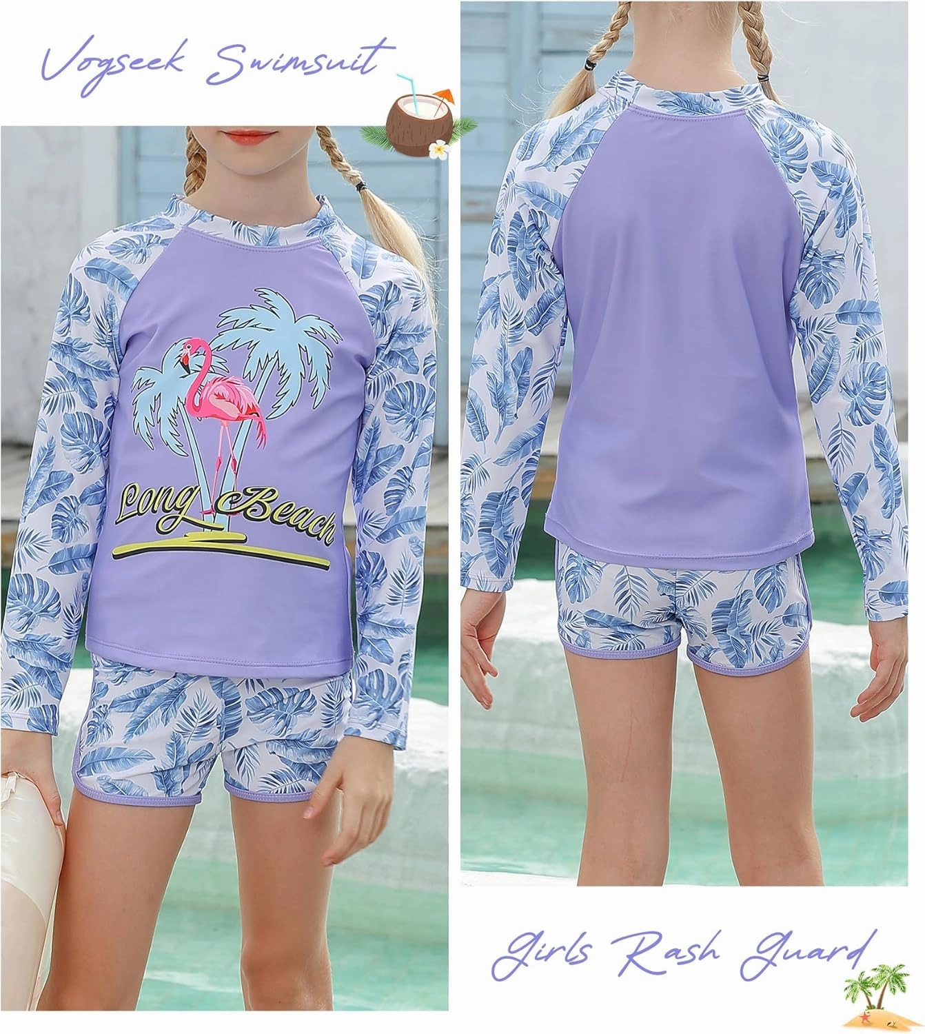 Vogseek 4-10T Girls Rashguard 2 Pieces Long Sleeve Swimsuit Swimwear with Shorts