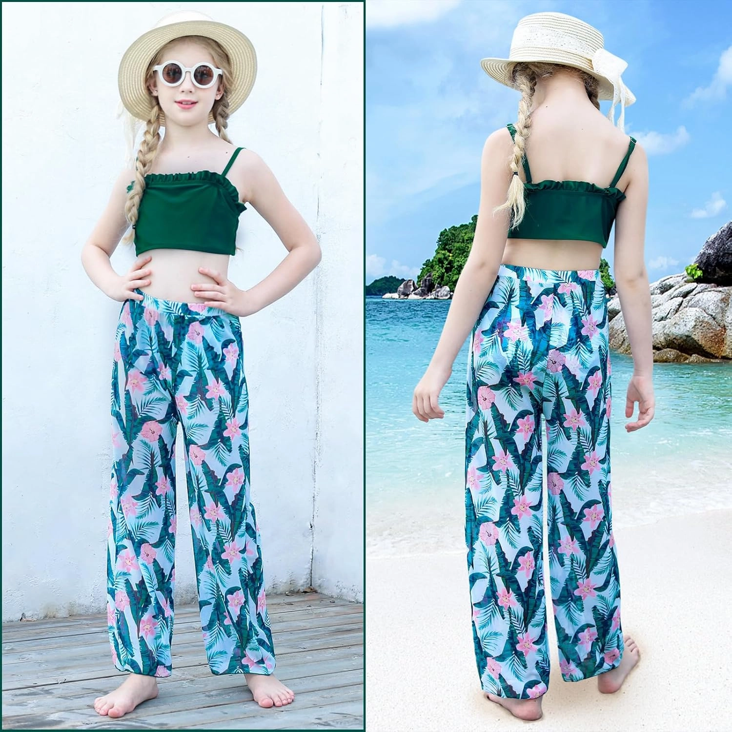 Vogseek 6-12T Girls 3 Pieces Bikini Bathing Suit with Rash Guard Pants Quick Dry Swimwear Cover-Up Sets
