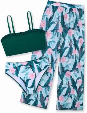 Vogseek 6-12T Girls 3 Pieces Bikini Bathing Suit with Rash Guard Pants Quick Dry Swimwear Cover-Up Sets