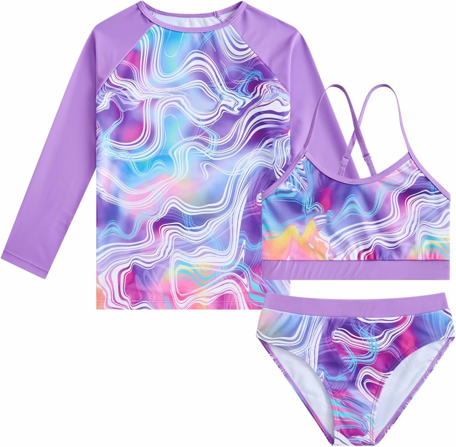 Vogseek 7-13T Girls 3pcs Bikini Swimwear with Long Sleeve Rashguard Shirts Quick Dry Swimsuits UPF 50  Bathing Suits