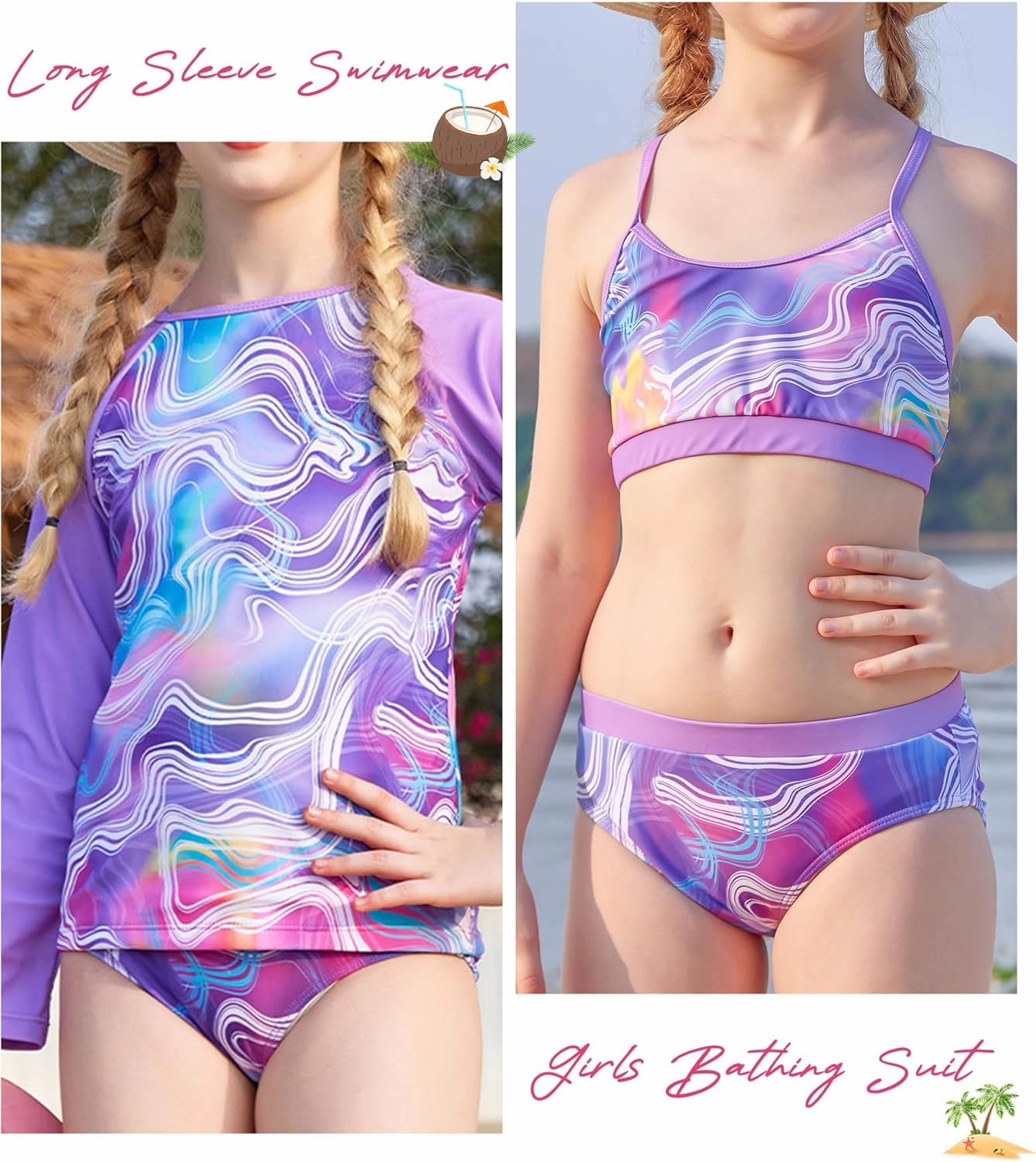 Vogseek 7-13T Girls 3pcs Bikini Swimwear with Long Sleeve Rashguard Shirts Quick Dry Swimsuits UPF 50  Bathing Suits