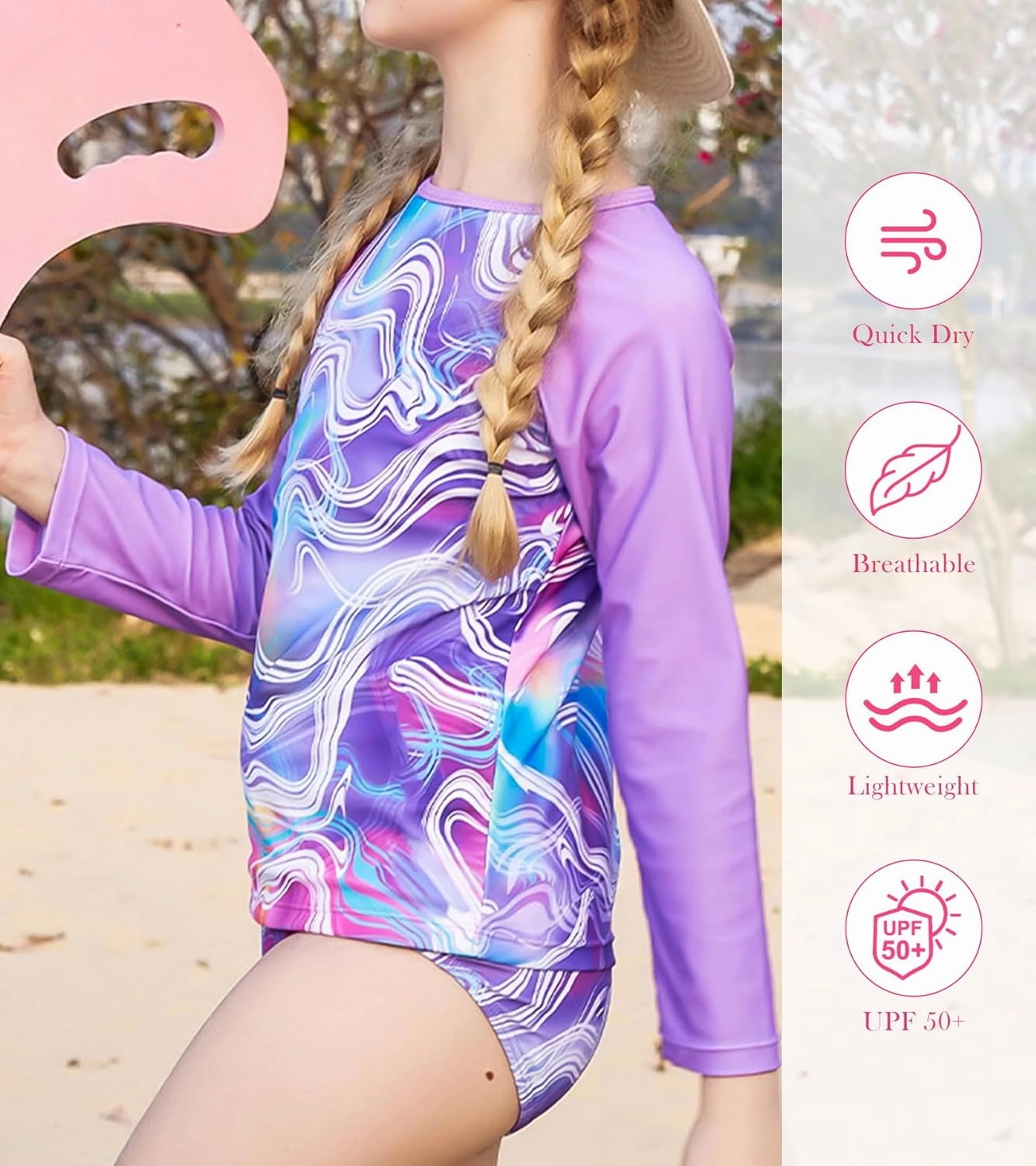 Vogseek 7-13T Girls 3pcs Bikini Swimwear with Long Sleeve Rashguard Shirts Quick Dry Swimsuits UPF 50  Bathing Suits