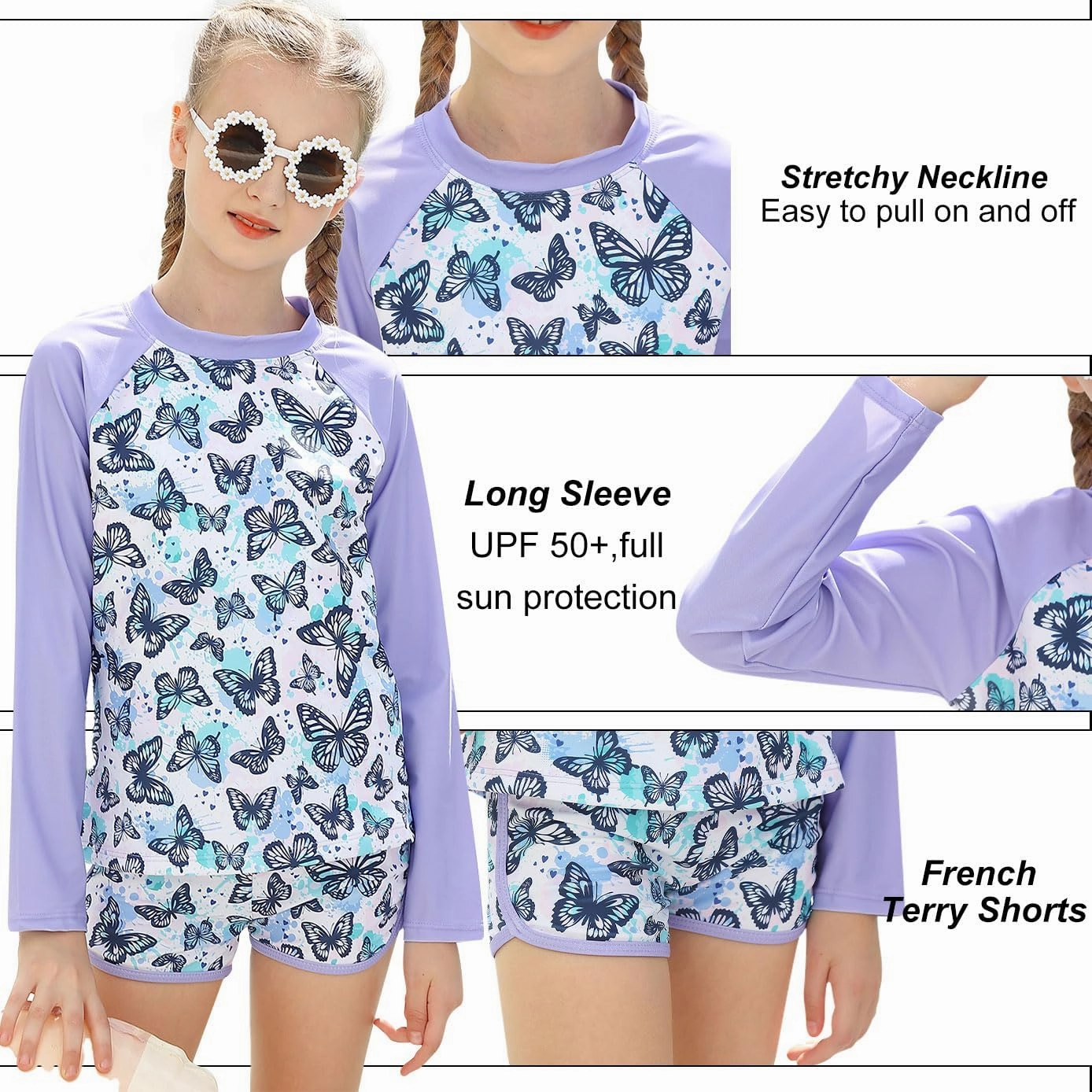 Vogseek Girls Rash Guard Two Pieces Swimsuit Long Sleeve Bathing Suit for 3-10 Years
