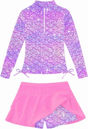 Vogseek Girls Swimsuit Two Pieces Rash Guard Bathing Suit UPF 50  Beach Swim Skirt with Shorts Swimwear 5-12T