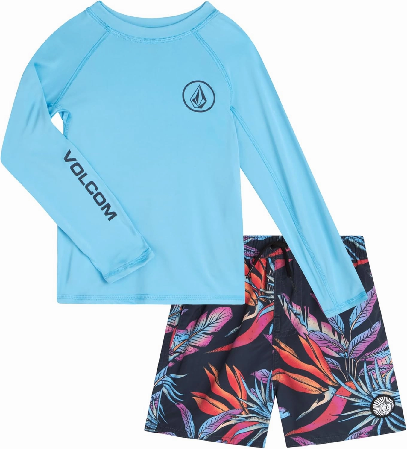 Volcom Baby Boys Swim Set - 2 Piece Long Sleeve Swim Shirt Graphic Tees & Board Shorts, Infant Toddler Little Boys Swimsuit