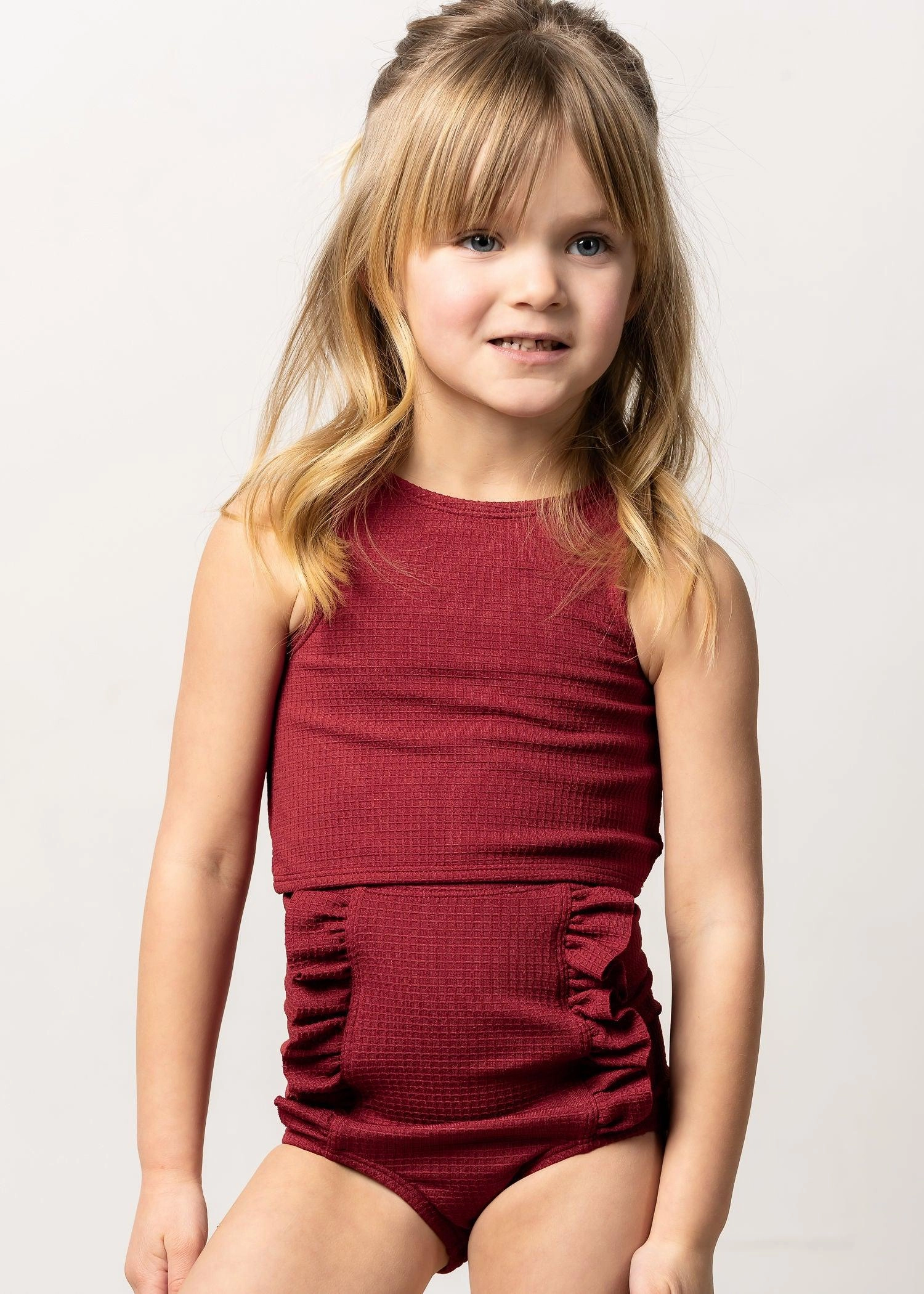 Waffled Maroon | Mini Down in Front Ruffle Bottoms